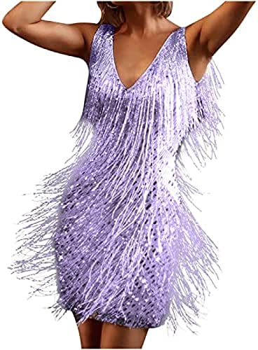 Youning Damen Glitzer Kleid mit Quaste Sexy Cocotail Party Festlich Ball Minikleid Tanzkleid Damen Pailletten Kleid Ärmellos Glitzerkleid Partykleid Cocktailkleider Samba Tango Latein Outfits von Youning