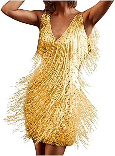 Youning Damen Glitzer Kleid mit Quaste Sexy Cocotail Party Festlich Ball Minikleid Tanzkleid Damen Pailletten Kleid Ärmellos Glitzerkleid Partykleid Cocktailkleider Samba Tango Latein Outfits von Youning