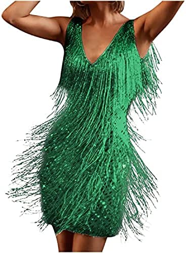 Youning Damen Glitzer Kleid mit Quaste Sexy Cocotail Party Festlich Ball Minikleid Tanzkleid Damen Pailletten Kleid Ärmellos Glitzerkleid Partykleid Cocktailkleider Samba Tango Latein Outfits von Youning