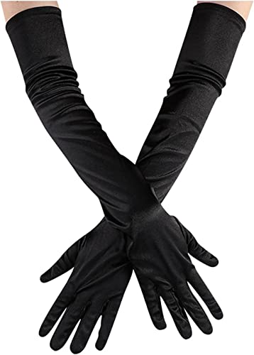 Youning Damen Handschuhe Opera Fest Party Tanz Classic Satin Handschuhe 1920er Stil Elegante Lang Abendhandschuhe Satinhandschuhe Elastisch Samt Ellenbogen Handschuhe für Frauen Mädchen (Schwarz) von Youning