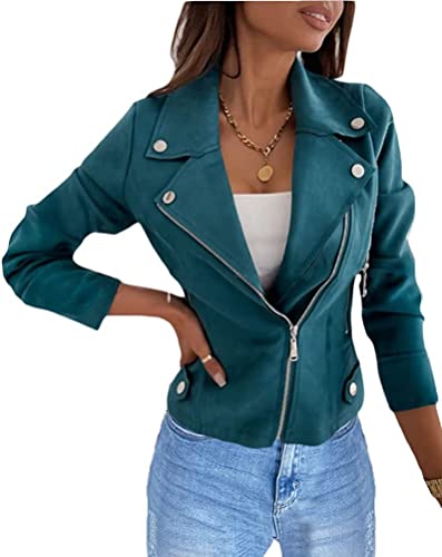 Youning Damen Jacke Kurz Übergangsjacke Moto Bikerjacke Herbst Frühling Leicht Jacken Sommerjacke Reverskragen Langarm Boyfriend Kurze Mantel mit Reißverschluss von Youning