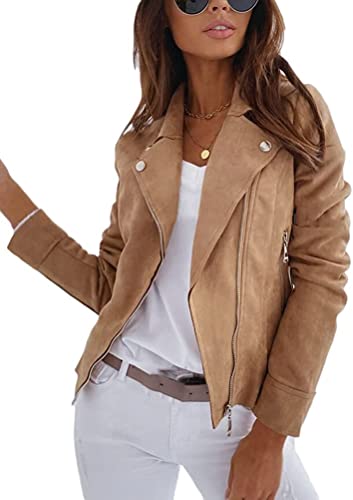 Youning Damen Jacke Kurz Übergangsjacke Moto Bikerjacke Herbst Frühling Leicht Jacken Sommerjacke Reverskragen Langarm Boyfriend Kurze Mantel mit Reißverschluss von Youning