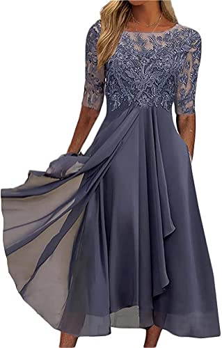 Youning Damen Kleider Elegant Spitzenkleid Chiffon Cocktailkleid Festliches Ballkleid Brautjungfernkleider für Hochzeit Midi Abendkleider A Linie Partykleid Sommerkleid Freizetikleid von Youning