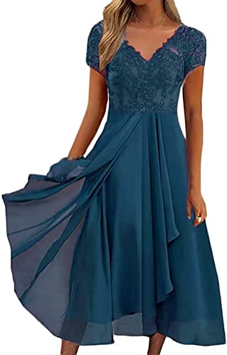 Youning Damen Kleider Elegant Spitzenkleid Chiffon Cocktailkleid Festliches Ballkleid Brautjungfernkleider für Hochzeit Midi Abendkleider A Linie Partykleid Sommerkleid Freizetikleid von Youning