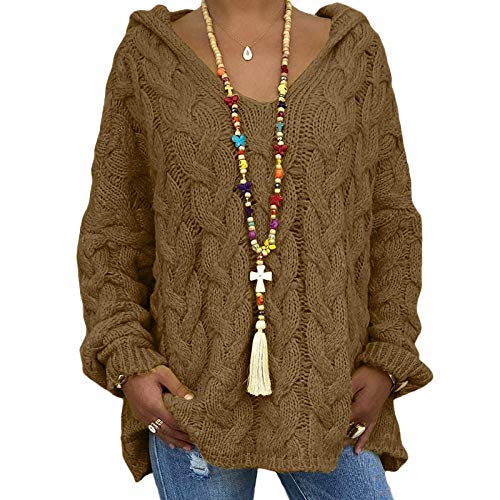 Youning Damen Langarm Einfarbig Strickpullover Kapuze Outwear Casual Elegant Oversize Winterpullover Frühling Herbst Pullover Sweater Sweatshirt Grobstrick Strickpulli Winterjacke von Youning