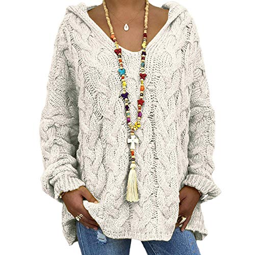 Youning Damen Langarm Einfarbig Strickpullover Kapuze Outwear Casual Elegant Oversize Winterpullover Frühling Herbst Pullover Sweater Sweatshirt Grobstrick Strickpulli Winterjacke von Youning