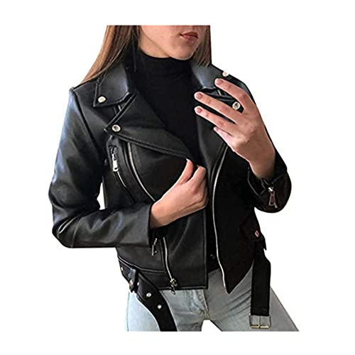 Youning Damen PU Lederjacke Bikerjacke mit Reißverschluss Kurze Jacke mit Reverskragen Biker Motorrad Jacke Mantel Trenchcoat Übergangs Jacke von Youning