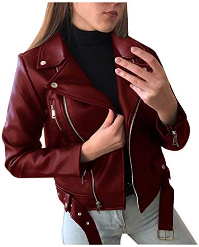 Youning Damen PU Lederjacke Bikerjacke mit Reißverschluss Kurze Jacke mit Reverskragen Biker Motorrad Jacke Mantel Trenchcoat Übergangs Jacke von Youning