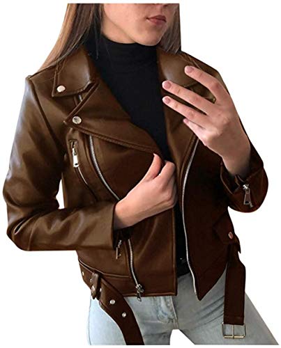 Youning Damen PU Lederjacke Bikerjacke mit Reißverschluss Super Coole Kurze Jacke mit Reverskragen Biker Motorrad Jacke Mantel Trenchcoat Übergangs Jacke von Youning