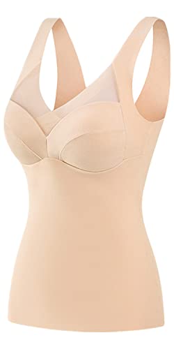 Youning Damen Unterhemd mit BH Damen Thermo Fleece Unterhemden mit Cups V-Ausschnitt Ohne Bügel BH Hemd Thermounterhemd Seamless Bustier BH-Hemd Eingebauter BH Bügelloser Gepolstert Tank Tops von Youning