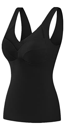 Youning Damen Unterhemd mit BH Damen Thermo Fleece Unterhemden mit Cups V-Ausschnitt Ohne Bügel BH Hemd Thermounterhemd Seamless Bustier BH-Hemd Eingebauter BH Bügelloser Gepolstert Tank Tops von Youning