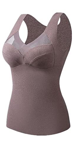 Youning Damen Unterhemd mit BH Damen Thermo Fleece Unterhemden mit Cups V-Ausschnitt Ohne Bügel BH Hemd Thermounterhemd Seamless Bustier BH-Hemd Eingebauter BH Bügelloser Gepolstert Tank Tops von Youning