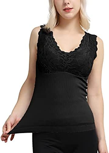 Youning Damen Thermo-Unterhemden mit integriertem BH, V-Ausschnitt, Spitze, Fleece, für Frauen, Winter, Schwarz, Einfarbig, L, XL, XXL, 3XL von Youning