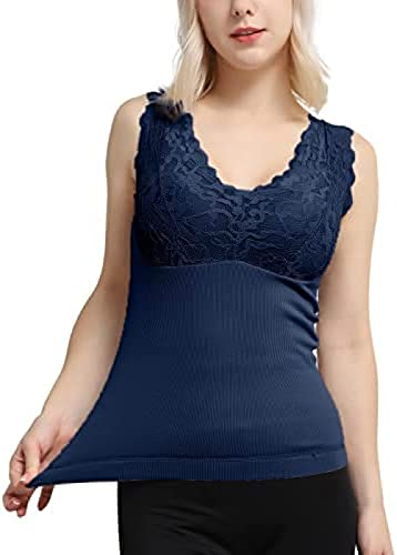 Youning Damen Unterhemden mit BH Integriert Damen Spitze Ohne Bügel BH Hemdchen Ärmellose Thermo Shirts für Frauen mit integriertem BH V-Ausschnitt Fleece Gefütterte Thermo Unterwäsche Weste von Youning