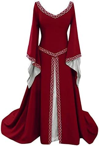 Youning Damen V-Ausschnitt Mittelalter Kleid mit Trompetenärmel Vintage Retro Ballkleid Partykleid Bodenlangen Cosplay Dress Große Größen Viktorianischen Renaissance Maxikleid Halloween Party Kostüm von Youning