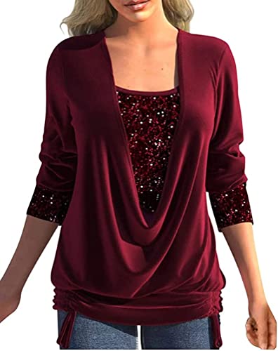 Youning Glitzer Shirt für Damen Pailletten Bluse Mode Party Festlich Elegant Pullover Langarmshirt Langarm Tunika Oberteil Tops Casual Lose Damen Bluse Große Größe von Youning