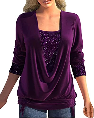 Youning Glitzer Shirt für Damen Pailletten Bluse Mode Party Festlich Elegant Pullover Langarmshirt Langarm Tunika Oberteil Tops Casual Lose Damen Bluse Große Größe von Youning