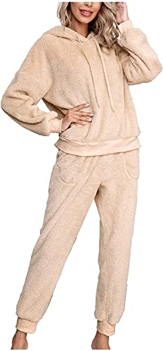 Youning Hausanzug Damen Flauschig Warm Pyjama Set Mit Kapuze Damen Teddy Fleece 2 Teiler Winter Schlafanzug Frauen Zweiteiler Kuschelig Pajamas Plüsch Thermo Gefüttert Freizeitanzug Trainingsanzug von Youning