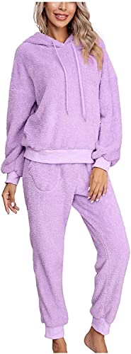 Youning Hausanzug Damen Flauschig Warm Pyjama Set Mit Kapuze Damen Teddy Fleece 2 Teiler Winter Schlafanzug Frauen Zweiteiler Kuschelig Pajamas Plüsch Thermo Gefüttert Freizeitanzug Trainingsanzug von Youning