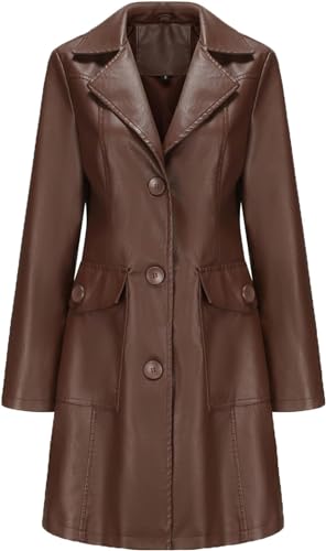 Youning Lederjacke Damen Lang Kunstleder Jacken Mantel mit Knöpfleiste Langarm Revers Kunstledermantel Herbstjacke Übergangsjacke Lange PU Leder Trenchcoat Eleganter Lange Coat für Frauen mit Taschen von Youning