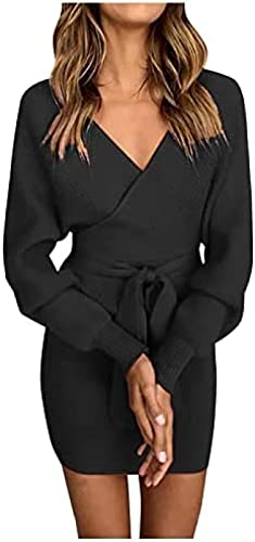 Youning Pulloverkleid Damen V-Ausschnitt Elegant Strickkleid Langarm Pullover Tunika Kleid Mit Gürtel für Herbst Winter Damen Einfarbig Knitted Minikleid Wickelkleid Strickpullover Kleider von Youning