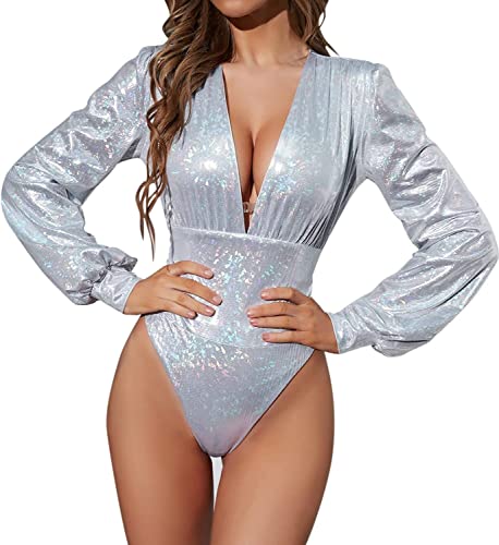 Youning Sexy V-Ausschnitt Langarm Damen Body Laser Metallic Wetlook Bodysuit Damenbody Damen Glänzende Ballettbody Sport Tanz Body Einteiler Langarmbody Tops Unterwäsche Clubwear Kostüm von Youning