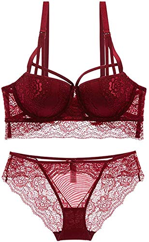 Youning Spitzen BH Set Damen Dessous Korsett Lingerie Panty Dessous Sets Damen BH Set Spitze V Push Up Bügel BH Bra und Slip Unterwäsche Negligee String Reizwäsche Set Stickerei Lace Slip von Youning