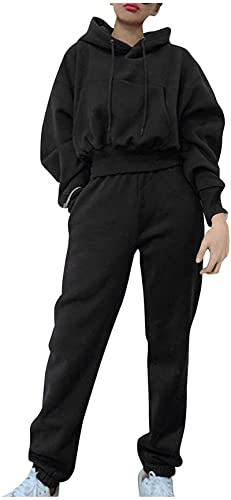 Youning Trainingsanzug Mode 2 Stück Set Freizeitanzug Kapuzenpullover Sportswear Sport Outfit Damen Sportanzug Jogginganzug aus Langarm Bauchfrei Hoodie und Jogginganzug (A-Schwarz, M) von Youning