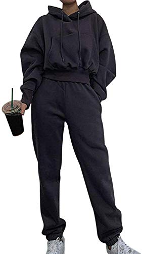 Youning Trainingsanzug Mode 2 Stück Set Freizeitanzug Kapuzenpullover Sportswear Sport Outfit Damen Sportanzug Jogginganzug aus Langarm Bauchfrei Hoodie und Jogginganzug von Youning