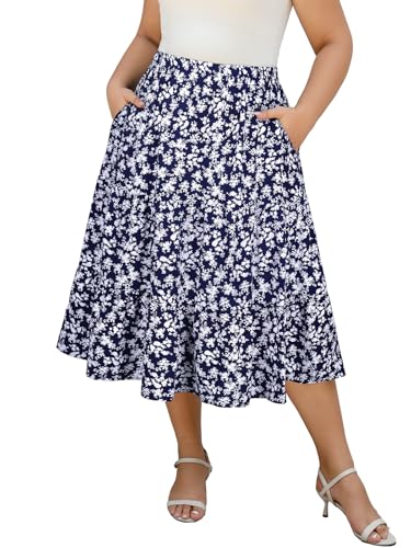 Younrui Damen-Midirock in Übergröße, lässiger Sommerrock mit Taschen, 1 x 4 x Stufen, leichter Knitterstoff, A-Linien-Röcke, Marineblau mit Blumenmuster, 4XL Mehr von Younrui