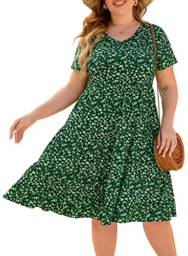 Younrui Damen Plus Size Casual Sommer Gestufte Kleider Kurzarm V-Ausschnitt Rüschen Saum Loose Fitting Midi Babydoll Kleid, Grünes Blumenmuster, 3X-Groß von Younrui