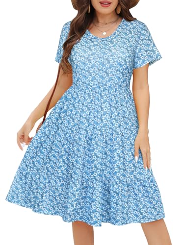 Younrui Damen Plus Size Casual Sommer Stufenkleider Kurzarm U-Ausschnitt Rüschen Saum Loose Fitting Midi Babydoll Kleid, Blau Gänseblümchen, 4XL von Younrui