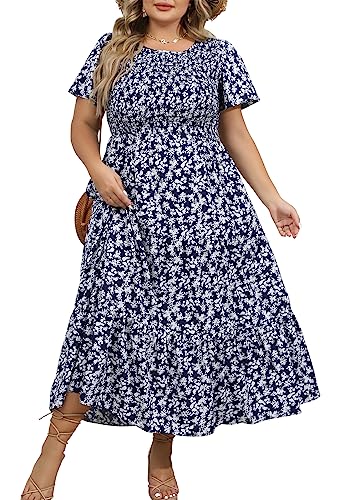 Younrui Langes Maxikleid für Damen, Übergröße, mit Taschen, Blumenmuster, gesmokt, Flatterärmel, gestufte Schichten, Freizeitkleider, Blau floral, 4XL Younrui Langes Maxikleid für Damen, Übergröße, mit Taschen, Blumenmuster, gesmokt, Flatterärmel, gestufte Schichten, Freizeitkleider, Blau floral, 4XL von Younrui