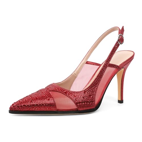 Younton Damen Stiletto Heels für Frauen Sparkly Heel Pumps Strass Absatz Slingback Pumps Spitze Zehen Schuhe Elegant 8,9 cm, Rot/Ausflug, einfarbig (Getaway Solids), 37.5 EU von Younton