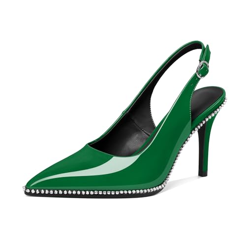 Younton Slingback Heels Damen Stilettos High Heel Strass Perlen Pumps Geschlossene Spitze Zehen Schuhe Slip On Event Party 8,9 cm elegante Sandalen, Lackgrün, 38 EU von Younton