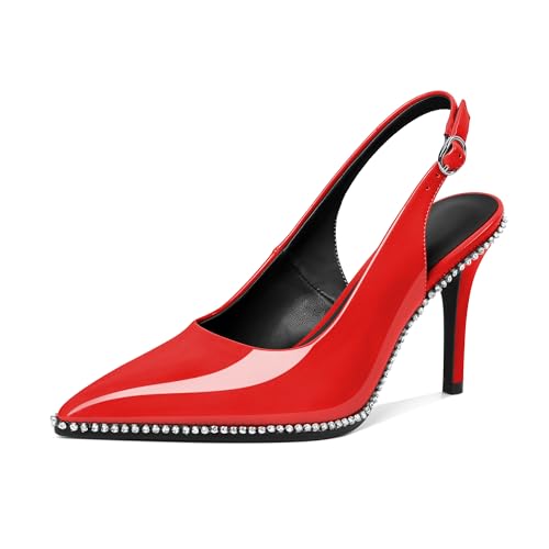 Younton Slingback Heels Damen Stilettos High Heel Strass Perlen Pumps Geschlossene Spitze Zehen Schuhe Slip On Event Party 8,9 cm elegante Sandalen, Lackrot, 41 EU von Younton