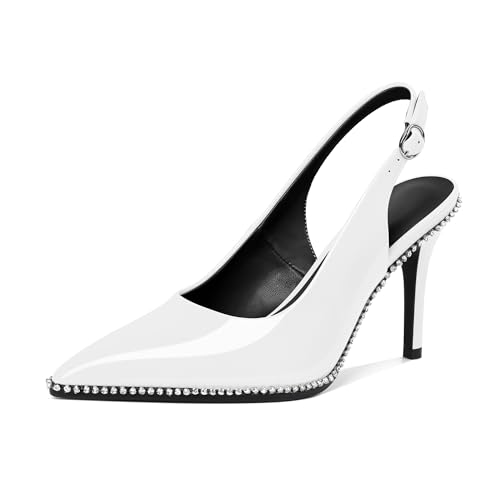 Younton Slingback Heels Damen Stilettos High Heel Strass Perlen Pumps Geschlossene Spitze Zehen Schuhe Slip On Event Party 8,9 cm elegante Sandalen, Lackweiß, 38.5 EU von Younton