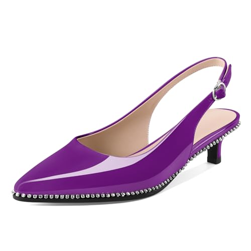 Younton Slingback Low Heels Damen Kitten Heel Strass Perlen Pumps Geschlossene Spitze Zehen Schuhe Slip On Event Party 3,8 cm elegante Sandalen, Lack-Violett, 39 EU von Younton