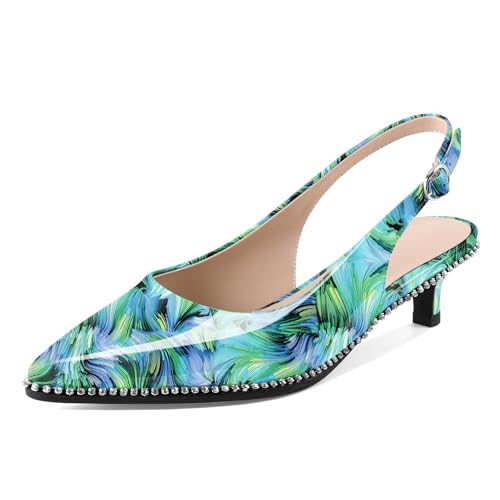 Younton Slingback Low Heels Damen Kitten Heel Strass Perlen Pumps Geschlossene Spitze Zehen Schuhe Slip On Event Party 3,8 cm elegante Sandalen, Lackiertes Blumengrün, 38 EU von Younton