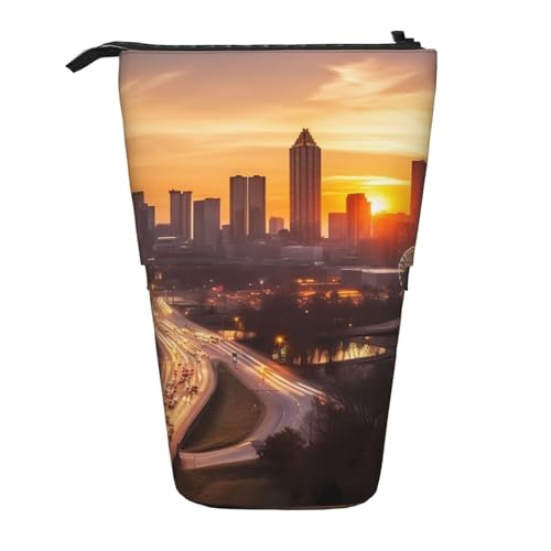 Atlanta City Sonnenuntergang Landschaft Druck Stehendes Federmäppchen Große Kapazität Federmäppchen Niedliches Teleskop-Federmäppchen für Damen und Herren, Schwarz , Einheitsgröße, Reisetasche von YoupO