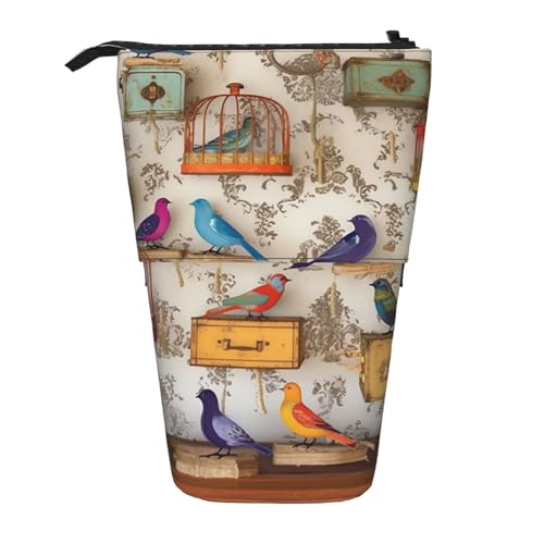 Birds and Birdcase Print Standing Pencil Case Large Capacity Pencil Pouch Cute Telescopic Pencil Bag for Women Men, Schwarz , Einheitsgröße, Reisetasche von YoupO