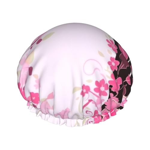 Duschhaube mit elastischer, wiederverwendbarer Badekappe für Damen, weich, doppellagig, wasserdicht, rosa Blumenmuster, Duschkappen für lange, kurze und lockige Haare von YoupO