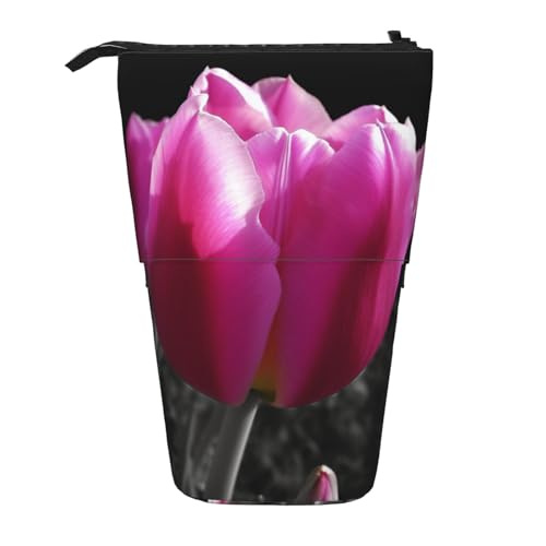 Federmäppchen mit rosa Tulpenmuster, großes Fassungsvermögen, niedliches Teleskop-Federmäppchen für Damen und Herren, Schwarz , Einheitsgröße, Reisetasche von YoupO