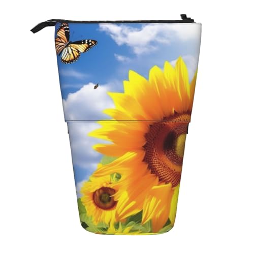 Federtasche, Motiv: Frühlings-Sonnenblumen, Schmetterling, Stehendes Federmäppchen, großes Fassungsvermögen, niedliches Teleskop-Federmäppchen für Damen und Herren, Schwarz , Einheitsgröße, von YoupO