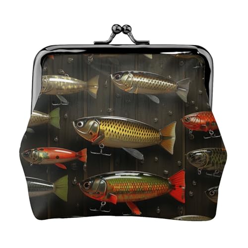 Münzgeldbörse, kleine Geldbörse aus PU-Leder, Angelköder-Stil, bedruckt, Kiss-Lock-Münzgeldbörse mit Verschluss, Schwarz , Einheitsgröße, Münzgeldbörse von YoupO