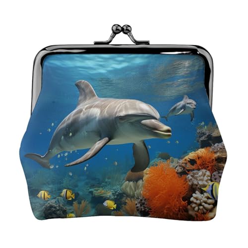 Münzgeldbörse, kleine Geldbörse aus PU-Leder, Delfine, blau bedruckt, Kiss-Lock-Münzgeldbörse mit Verschluss, Schwarz , Einheitsgröße, Münzgeldbörse von YoupO