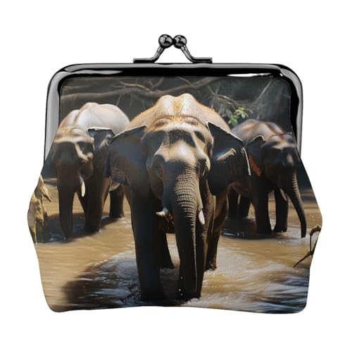 Münzgeldbörse, kleine Geldbörse aus PU-Leder, Elefanten-Trinkwasser, bedruckt, Kiss-Lock-Münzgeldbörse mit Verschluss, Schwarz , Einheitsgröße, Münzgeldbörse von YoupO