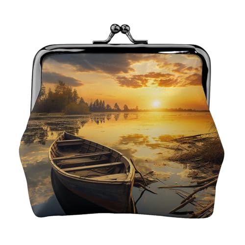 Münzgeldbörse, kleine Geldbörse aus PU-Leder, Fluss, Sonnenuntergang, Holzboot, bedruckt, Kiss-Lock-Münzgeldbörse mit Verschluss, Schwarz , Einheitsgröße, Münzgeldbörse von YoupO
