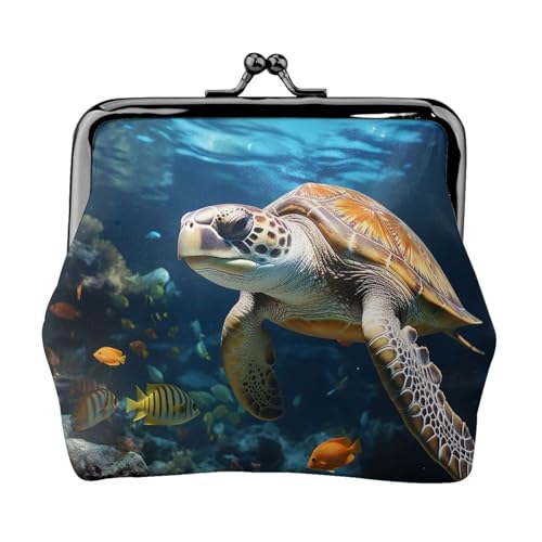 Münzgeldbörse, kleine Geldbörse aus PU-Leder, Motiv: Meeresschildkröte, Delfin und Fisch, bedruckt, Kiss-Lock-Münzgeldbörse mit Verschluss, Schwarz , Einheitsgröße, Münzgeldbörse von YoupO