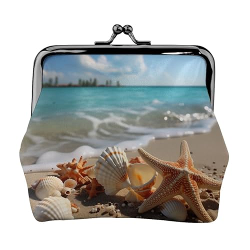 Münzgeldbörse, kleine Geldbörse aus PU-Leder, Muscheln, Seestern am Strand, bedruckt, Kiss-Lock-Münzgeldbörse mit Verschluss, Schwarz , Einheitsgröße, Münzgeldbörse von YoupO